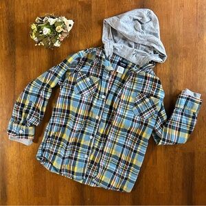 Plaid Hooded Button-Down Shirt Jacket | Boy Size 6 | Blue Yellow Gray | Carter’s